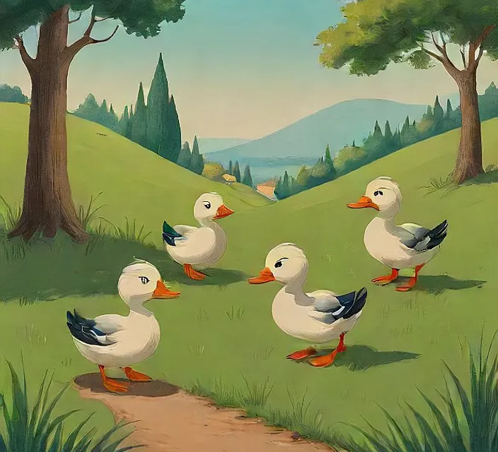 a group of ducks walking across a lush green field