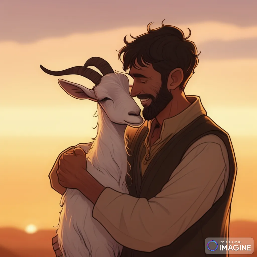 a man holding a goat in front of a sunset