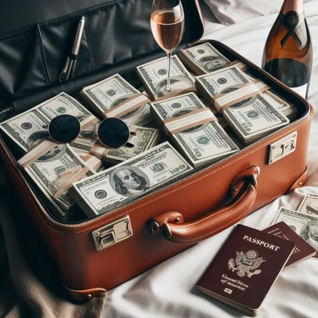 a suitcase filled with money and a passport