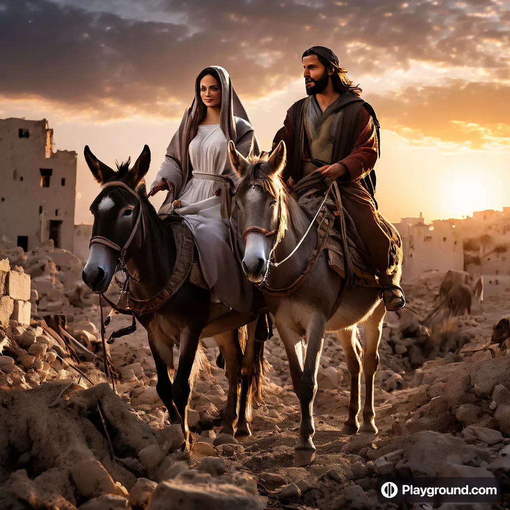 a man and a woman riding on the backs of donkeys