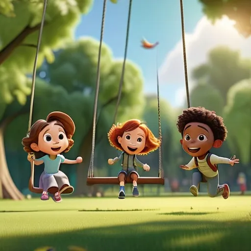 a group of children swinging on swings in a park