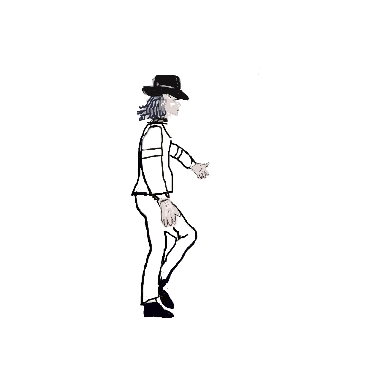 a black and white drawing of a man in a hat moonwalking