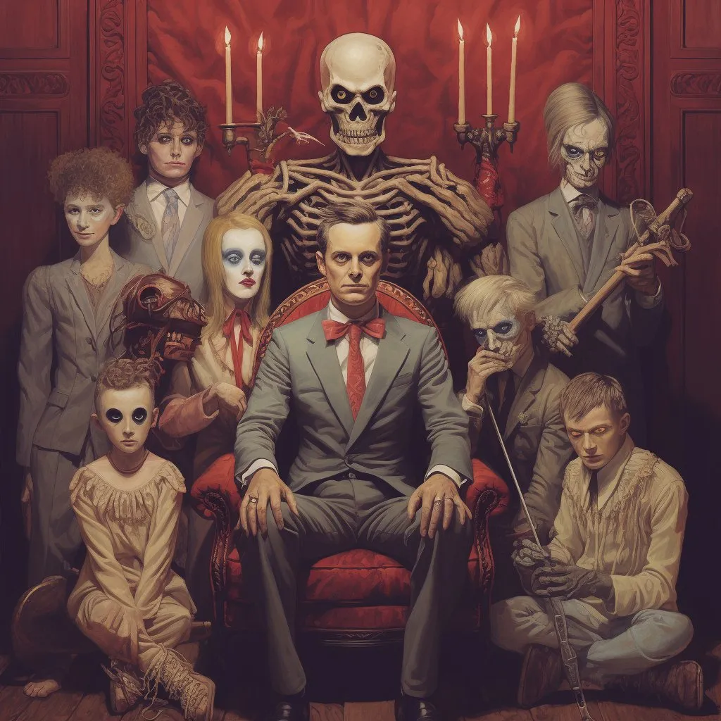 a painting of a man sitting in a chair surrounded by creepy people