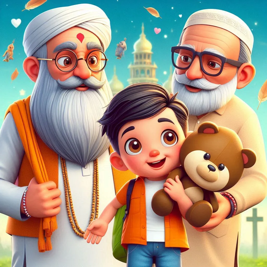 a cartoon picture of a man, woman, and child with a teddy bear