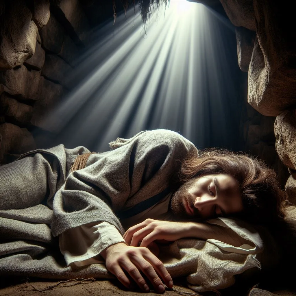 a woman laying down in a cave under a light