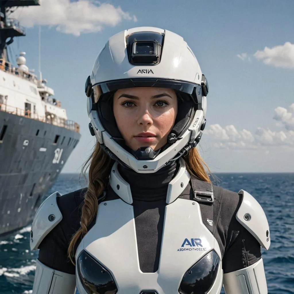 a woman in a diving suit standing in front of a boat