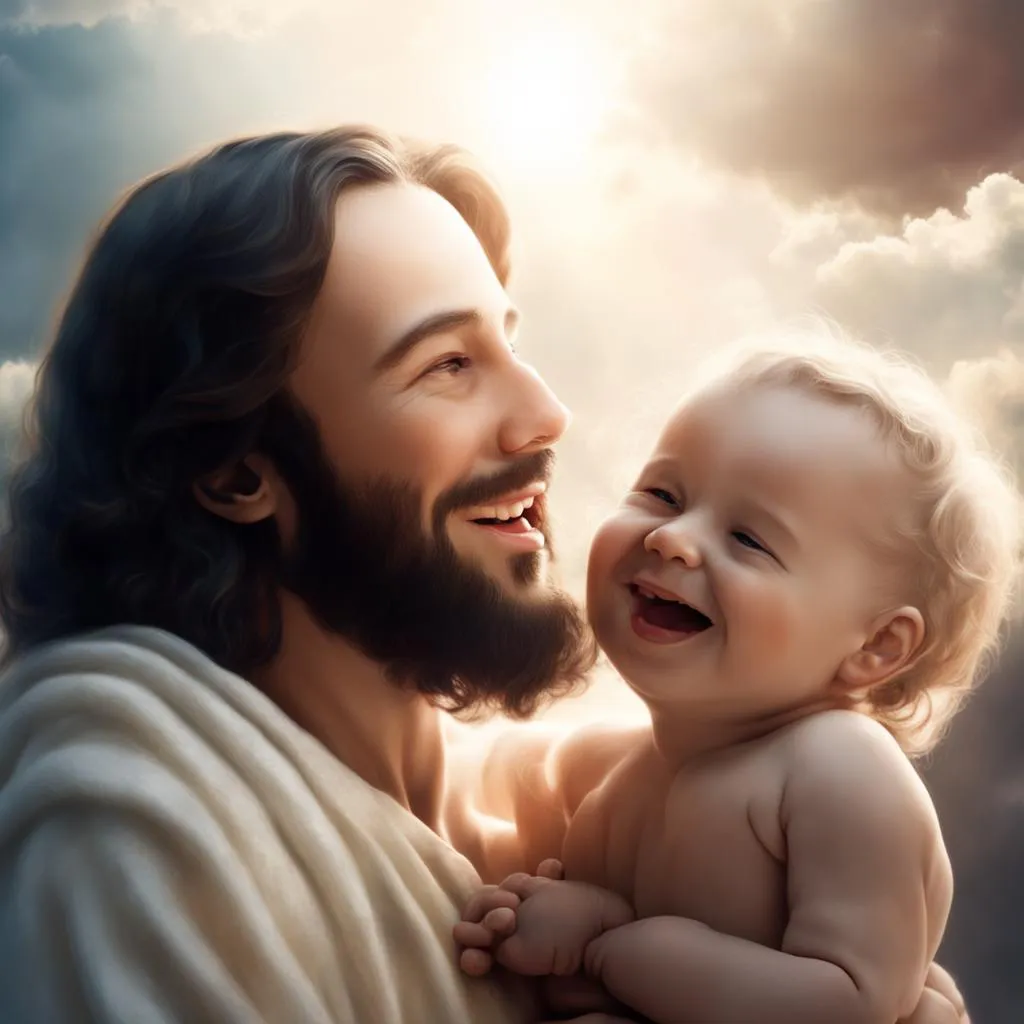 a painting of jesus holding a baby in his arms