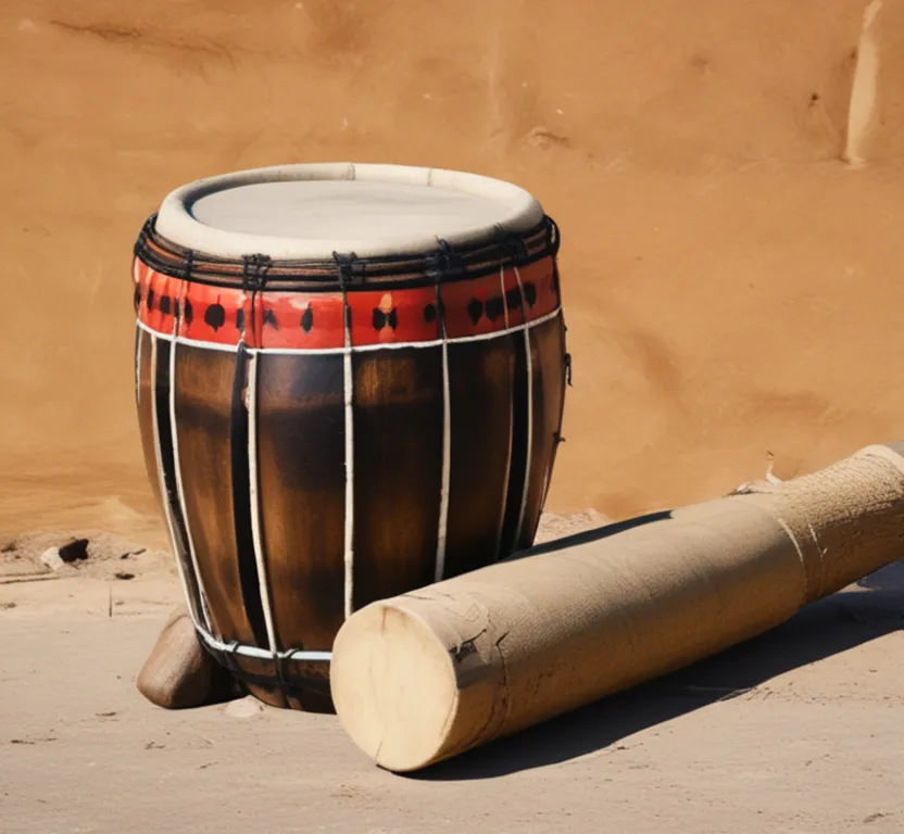 a drum and a wooden stick on the ground