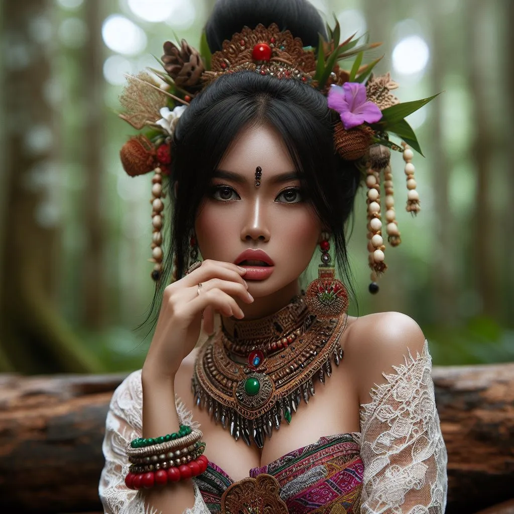 Portrait of a woman with flower crown, bold red lips and lipstick mark on cheek