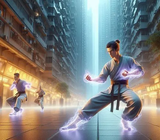 a group of people doing karate in a city