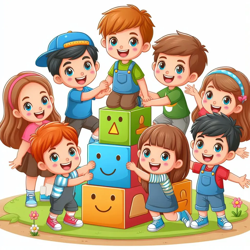 a group of kids playing with blocks on a white background