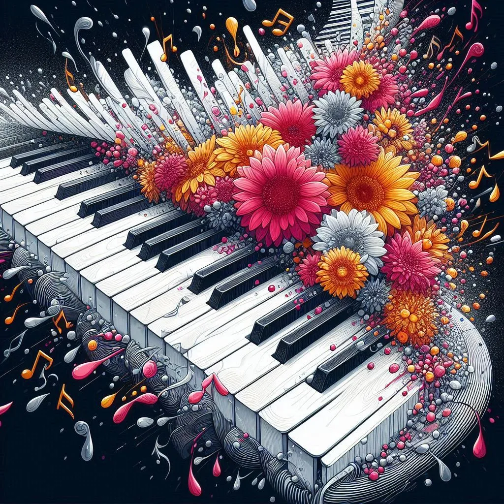 a painting of a piano with flowers on it