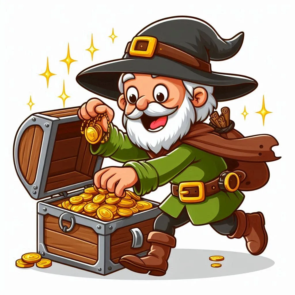 an old  robber  taking out gold from treasure box D animation cartoon ancient time 