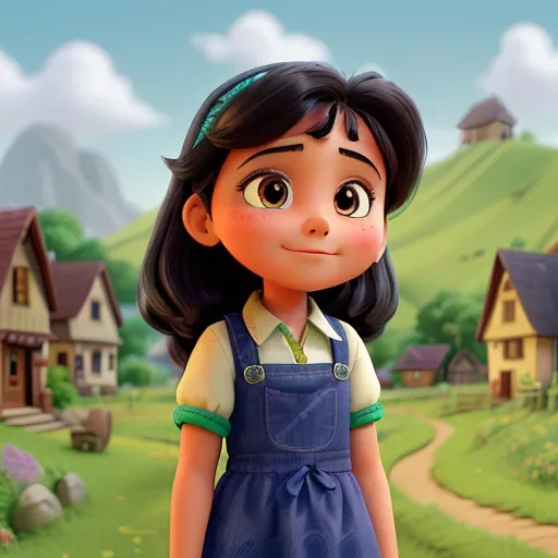 a young girl in a blue dress standing in front of a village