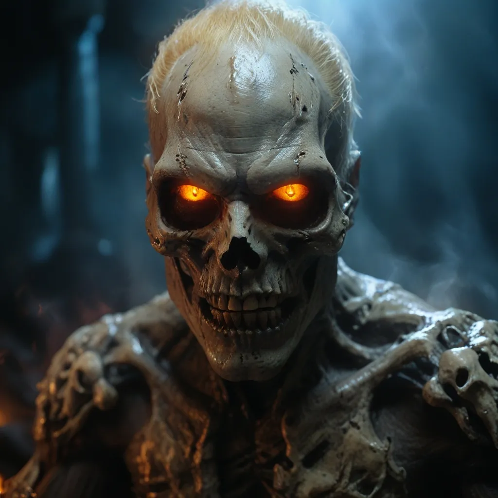 a creepy looking skeleton with glowing orange eyes