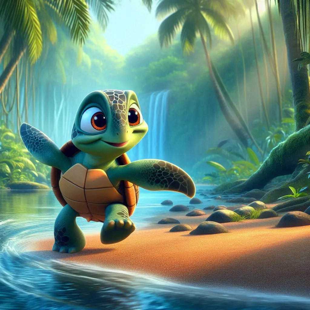 a cartoon turtle running on a beach with a waterfall in the background