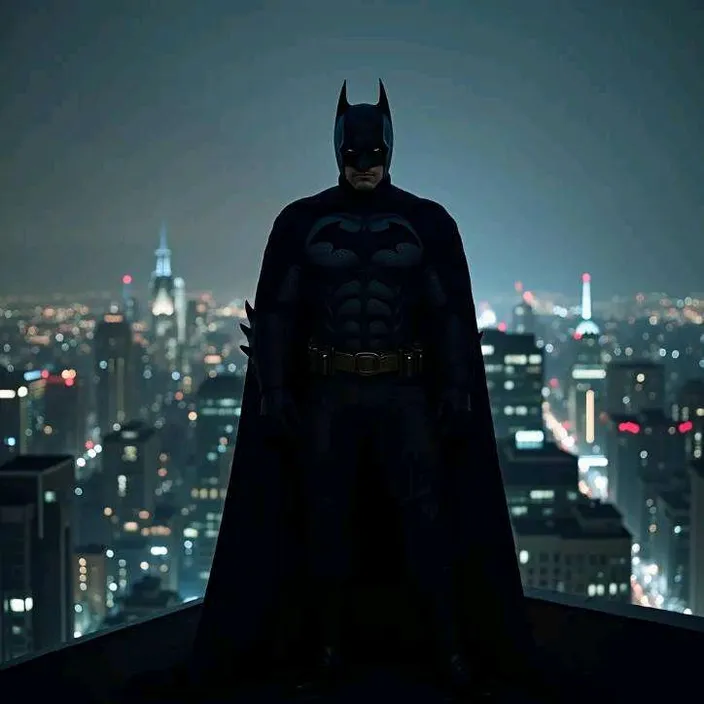 slow pan over batman looking down at the city. city cars driving below., advertising style