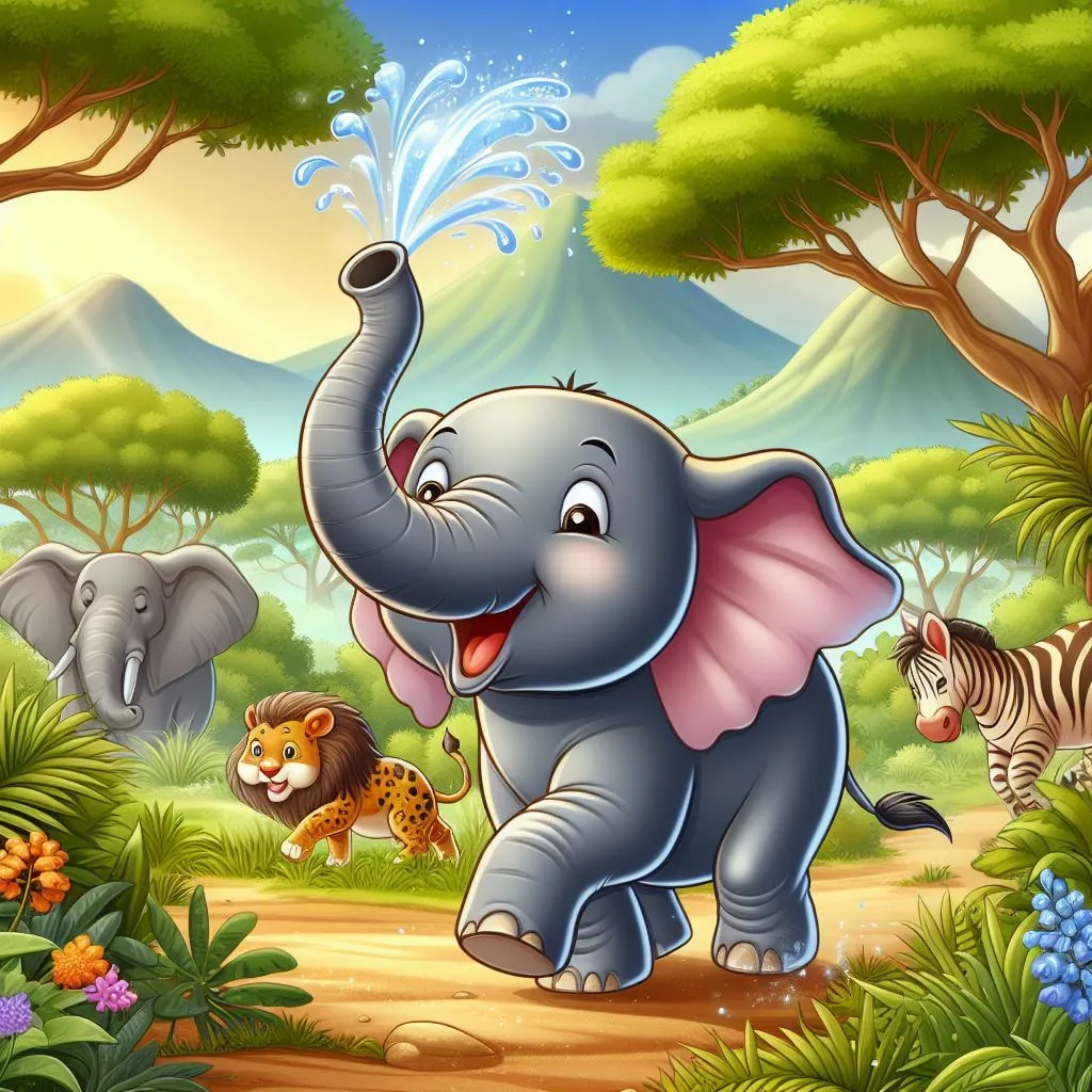 an elephant blowing water from his trunk and other animals in a jungle