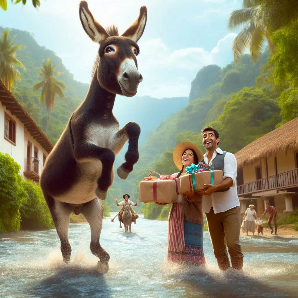 a man and a woman are standing in the water with a donkey