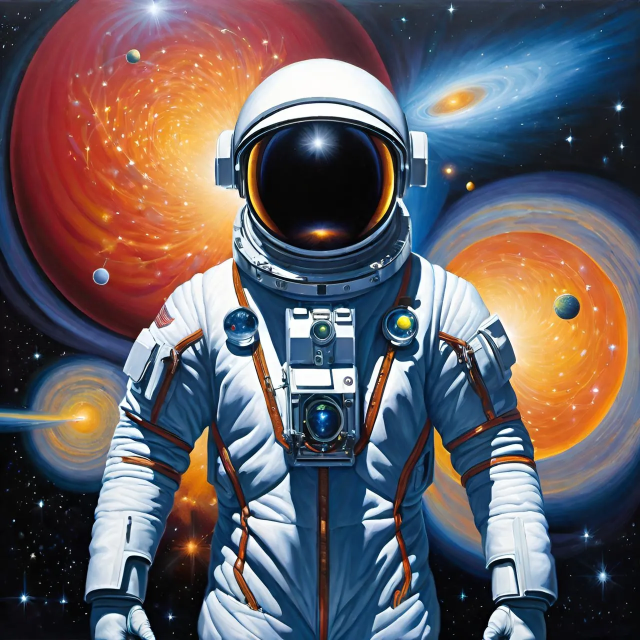 a painting of an astronaut standing in front of a solar system