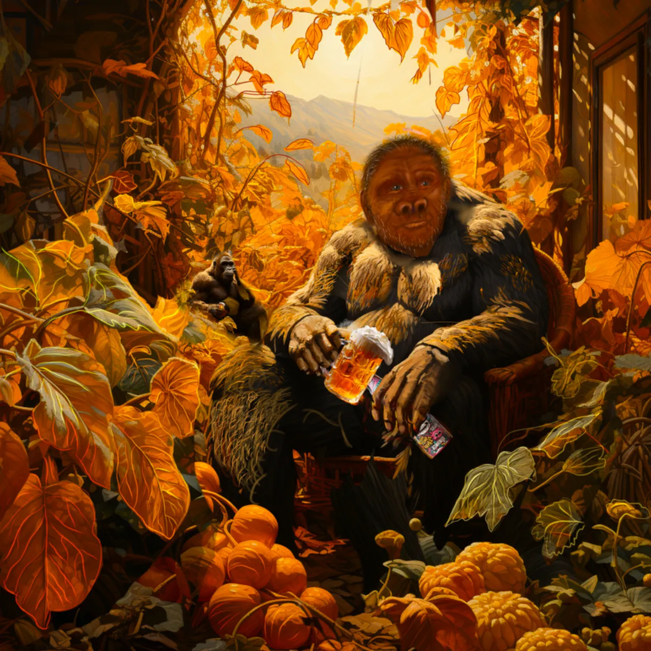 a painting of a monkey sitting in a chair, drinking a beer