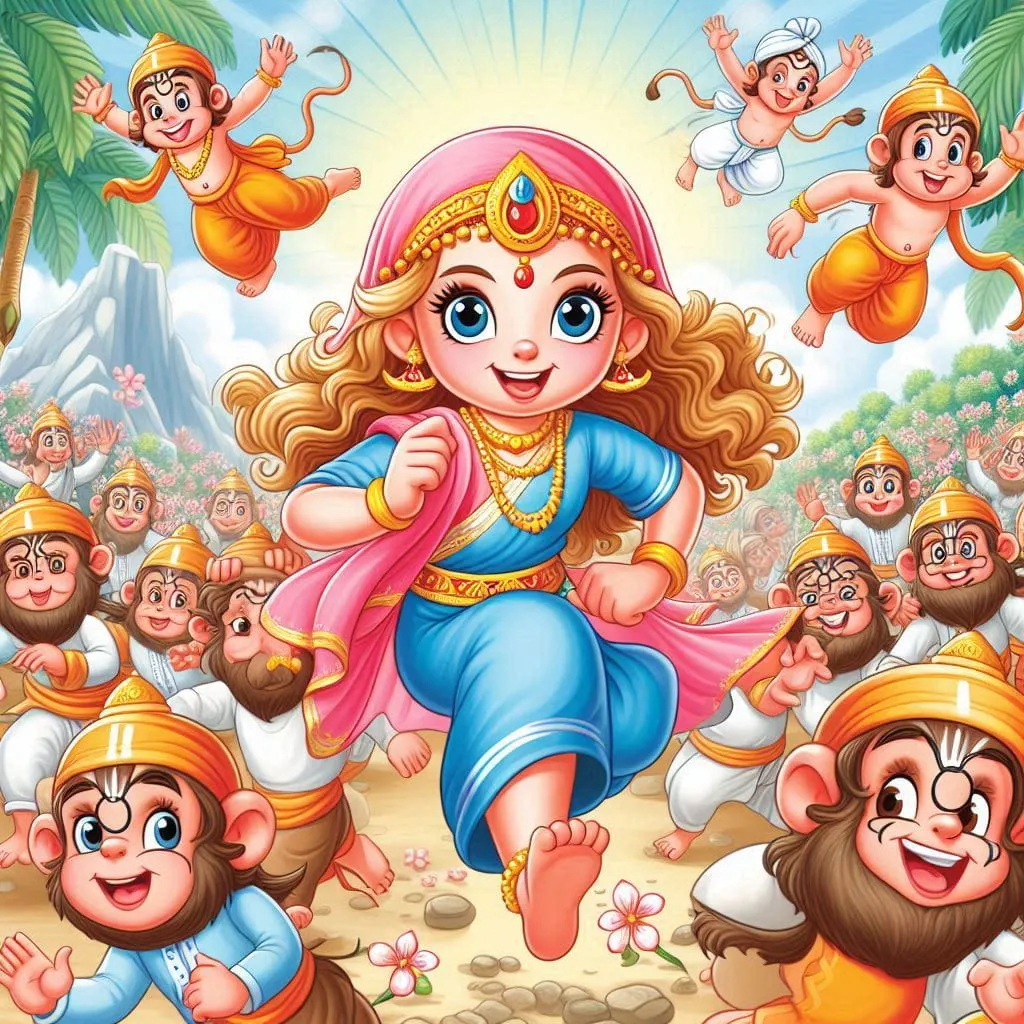 a painting of a little girl running in front of a group of monkeys