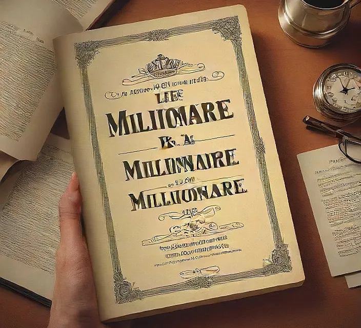 a person holding a book on top of a table book title is life of a millionaire 