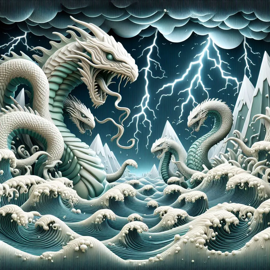 a painting of a dragon and a dragon in a storm Sea moving violently due to the storm water falling figures of dragons moving an