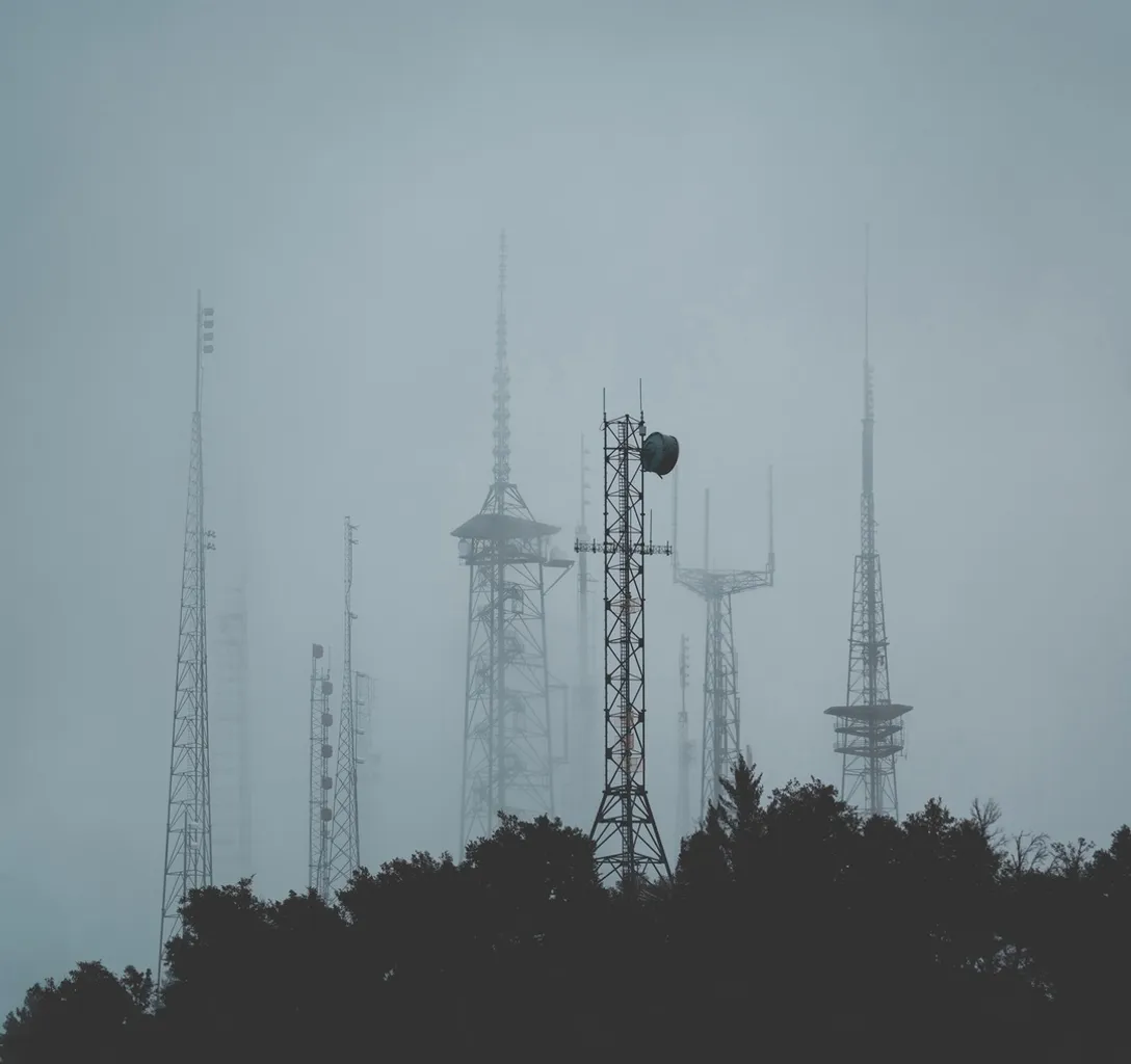 a group of cellular towers in the fog