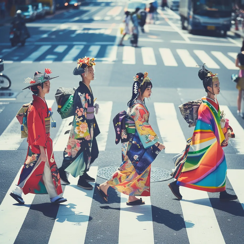 Group walking with multicolored umbrellas in a dance-like formation through a cherry blossom alley