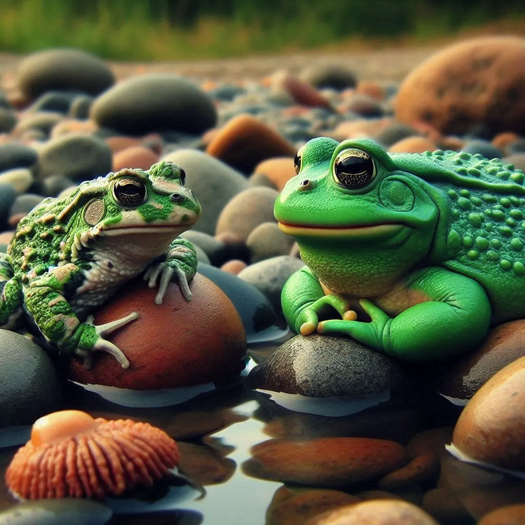 a frog and a frog sitting on some rocks