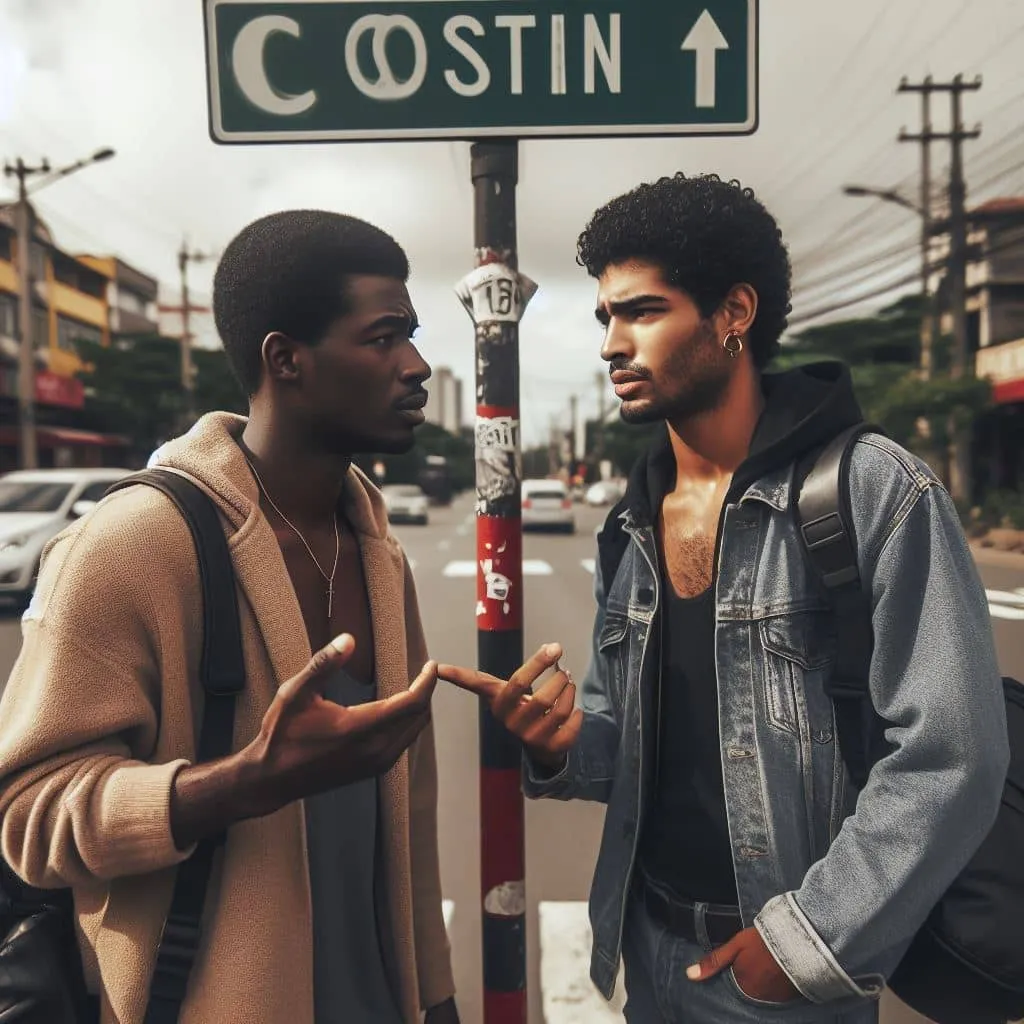 a couple of men standing next to a street sign