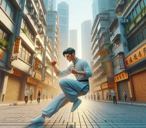 a man running down a street in a city