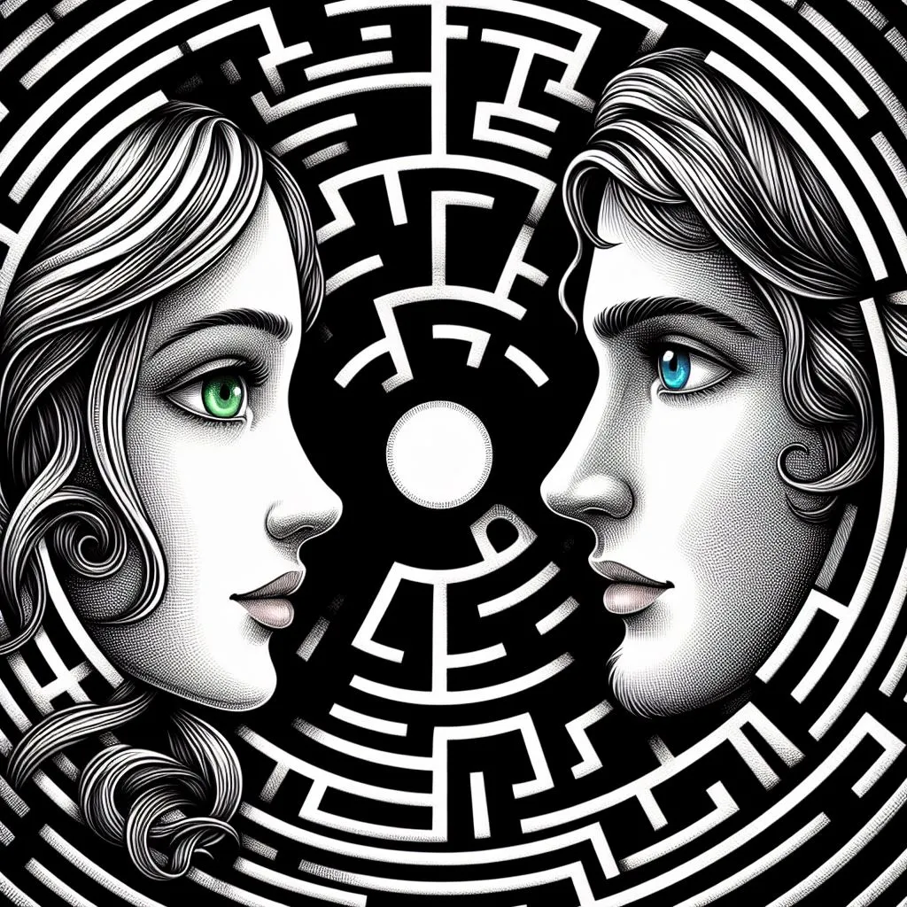 The woman with green eyes and man with blue eyes in love, navigating a maze, symbolizing their love journey.