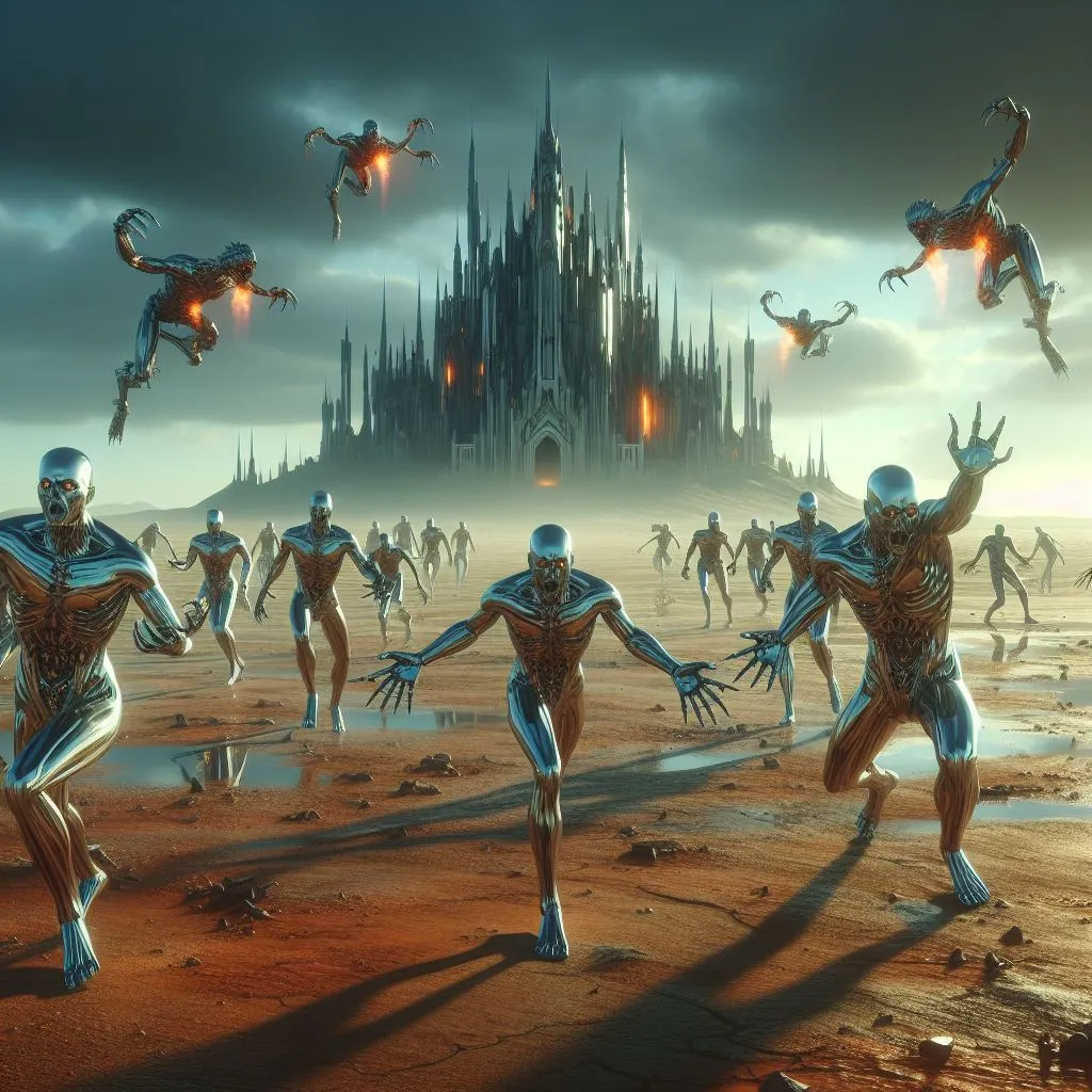 a group of alien dance in front of a castle