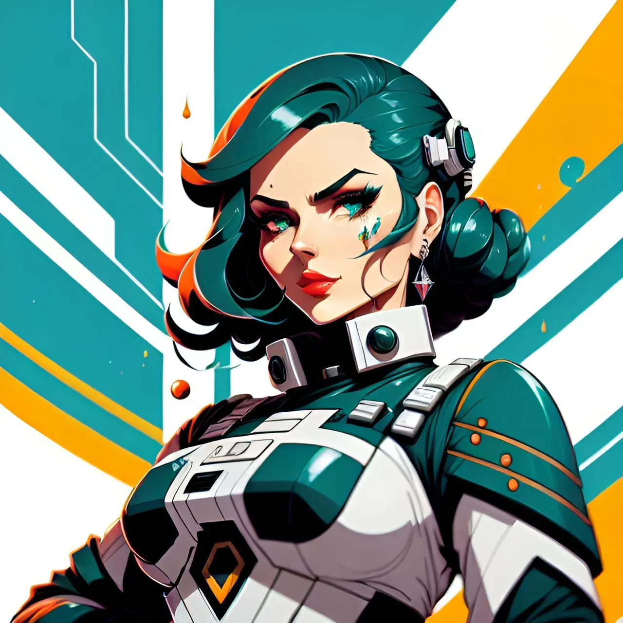 a woman in a futuristic suit with green hair