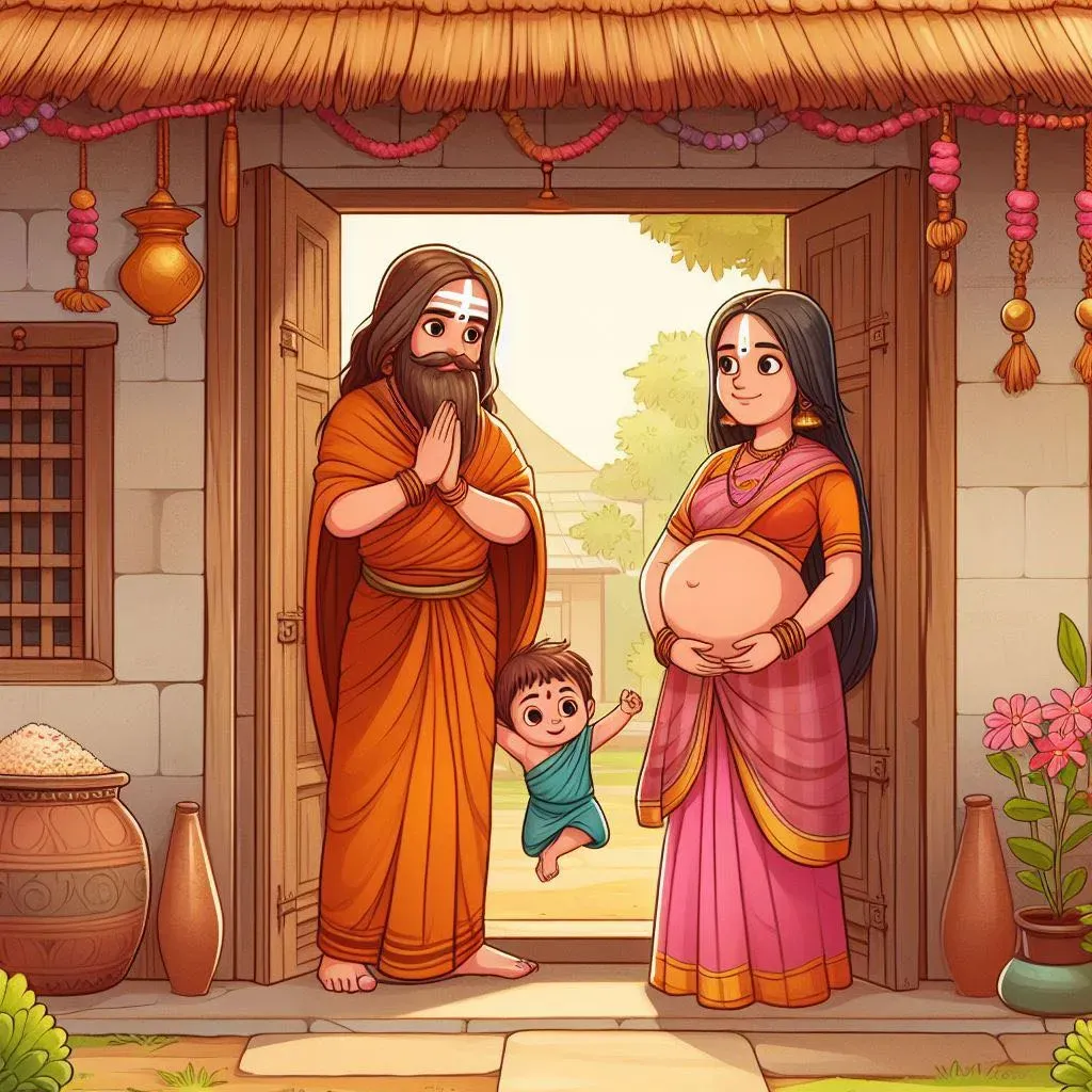 a indian saint , woman and boy standing in front of a doorway