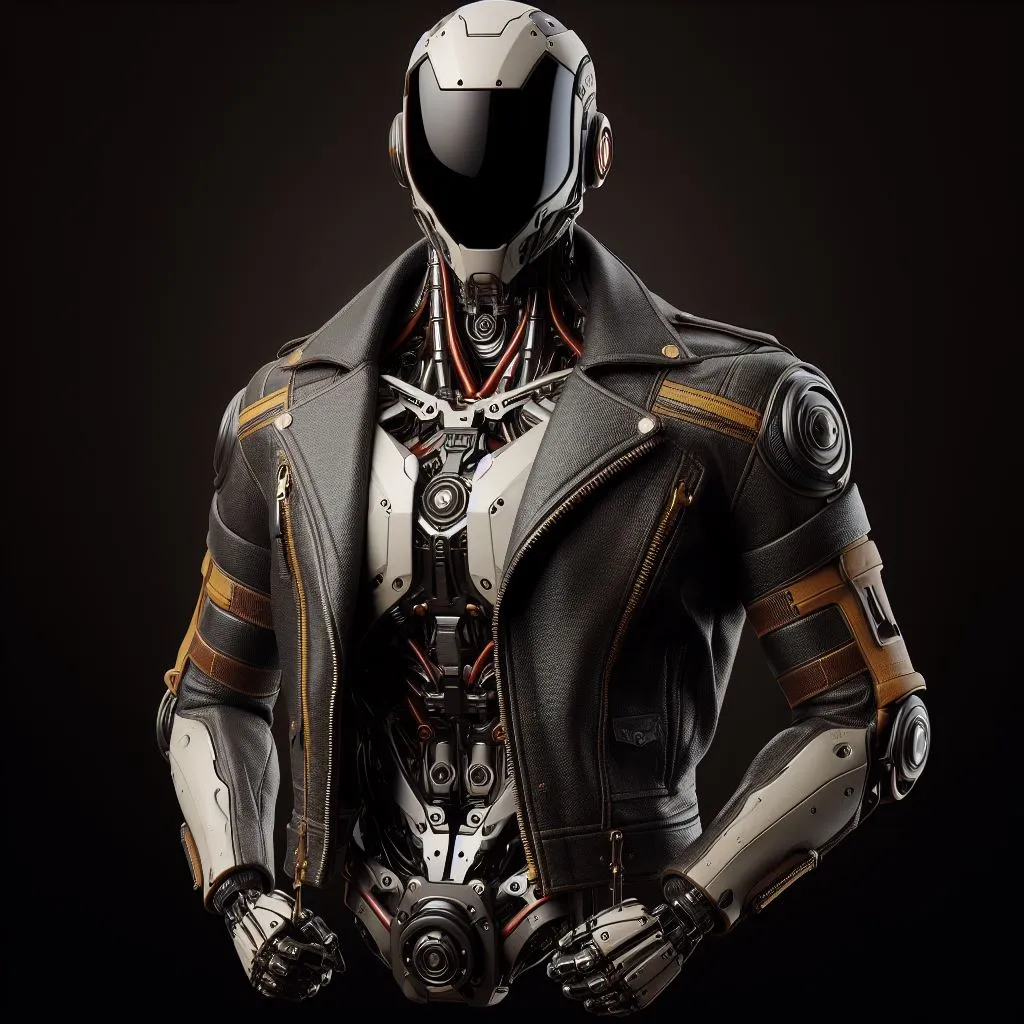 a futuristic man in a leather jacket and helmet