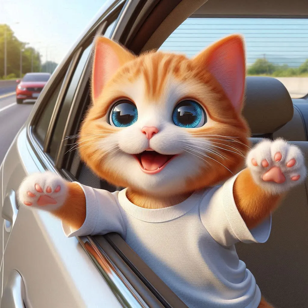 a cartoon cat with big blue eyes sitting in a car