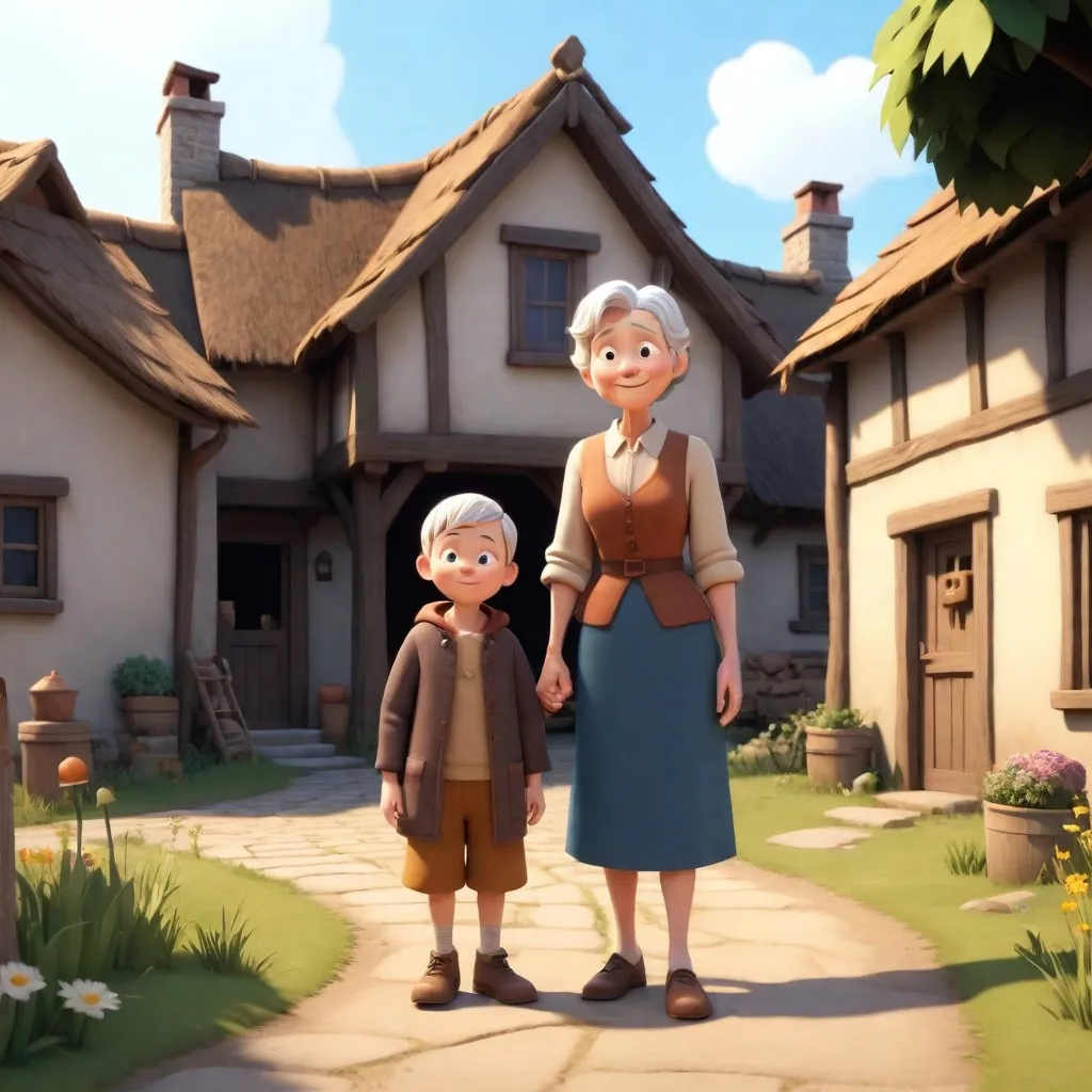 a woman and a boy standing in front of a house