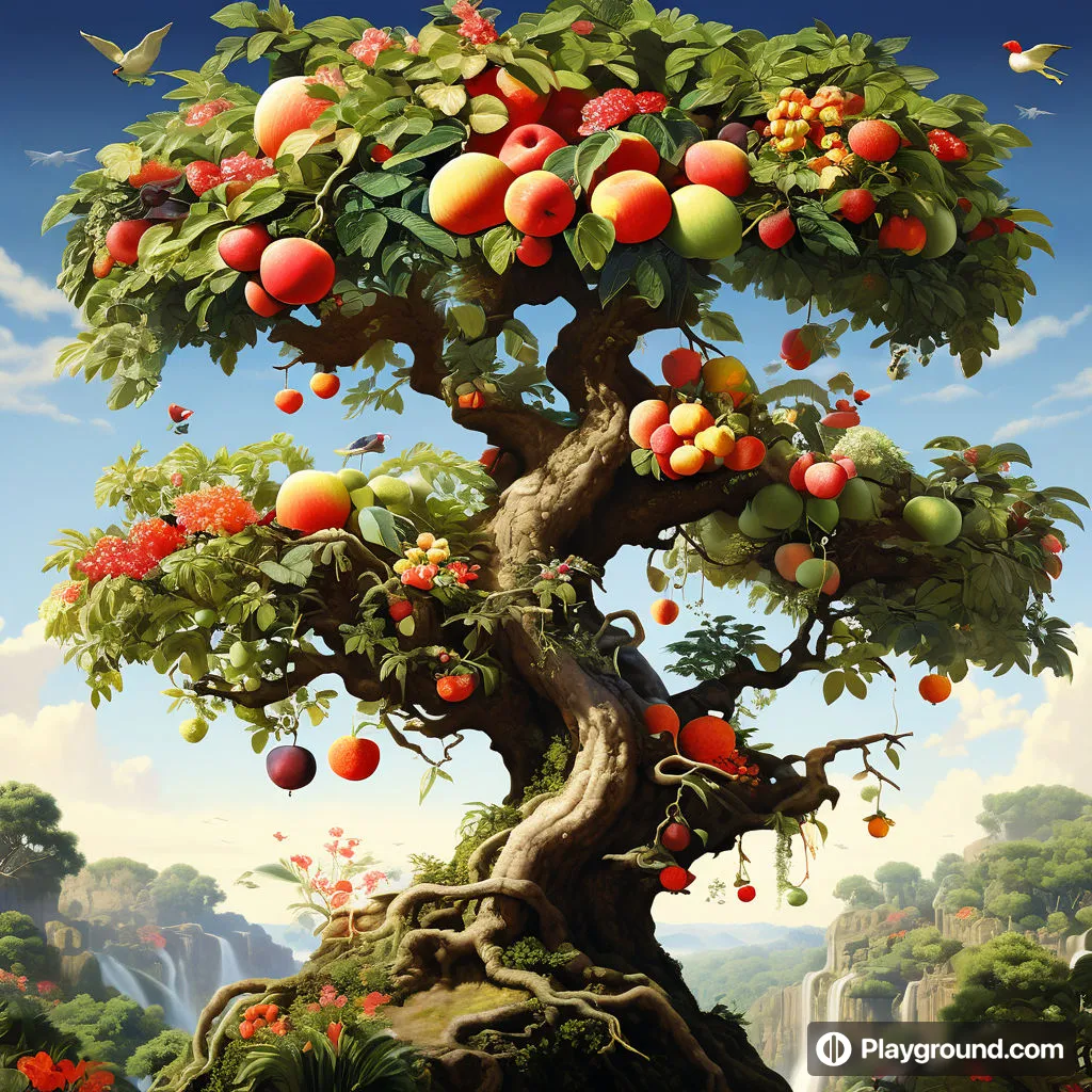 a painting of a tree filled with lots of fruit