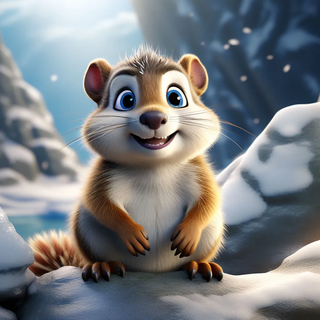 a cartoon squirrel sitting on top of a snow covered hill