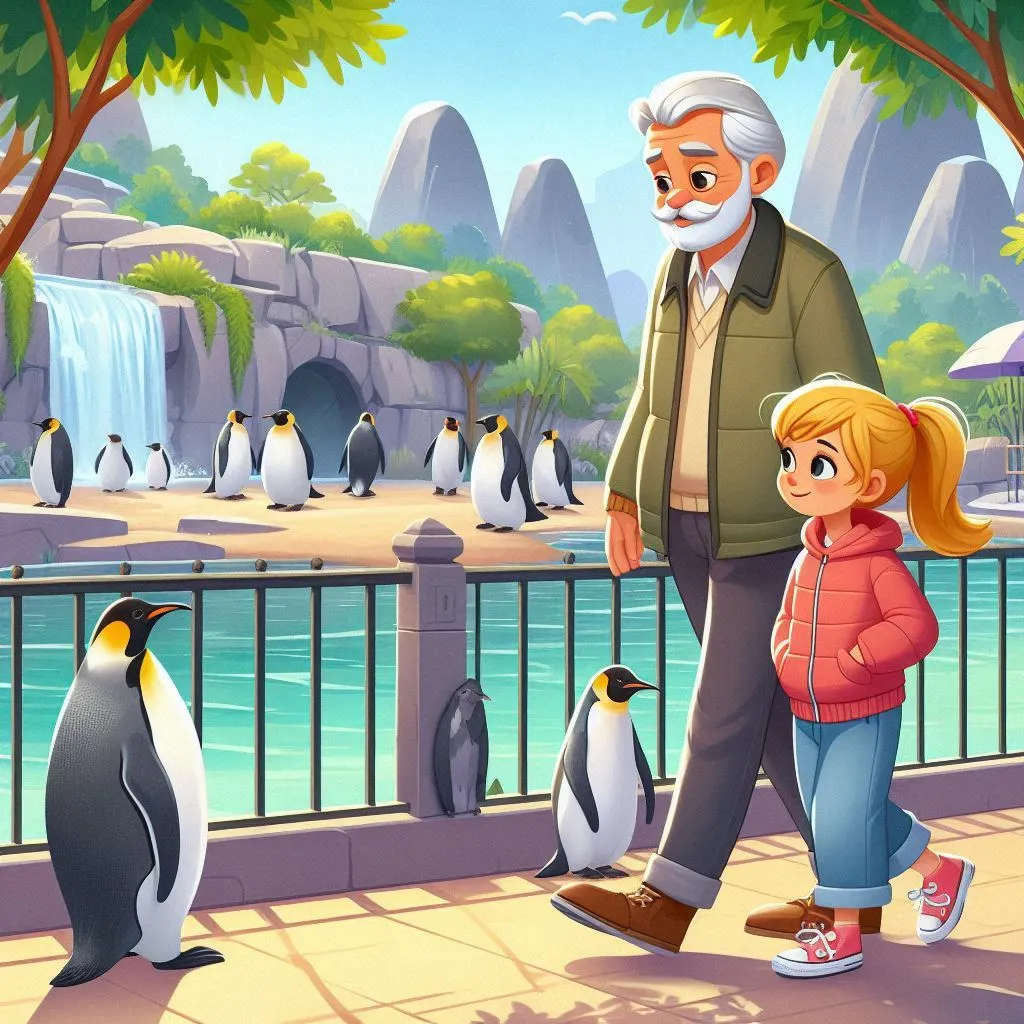 a man and a little girl standing in front of penguins