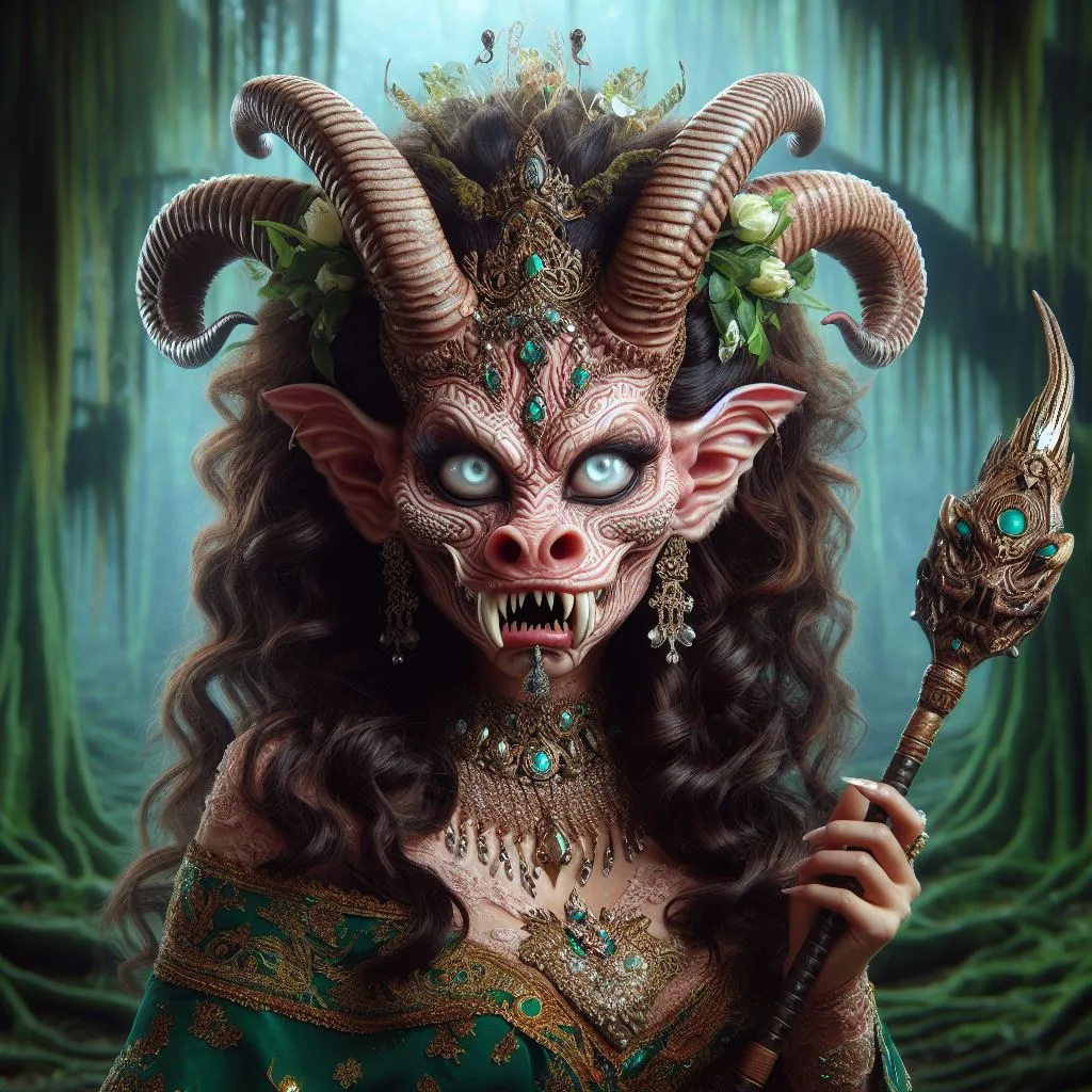 a woman with horns and horns holding a stick