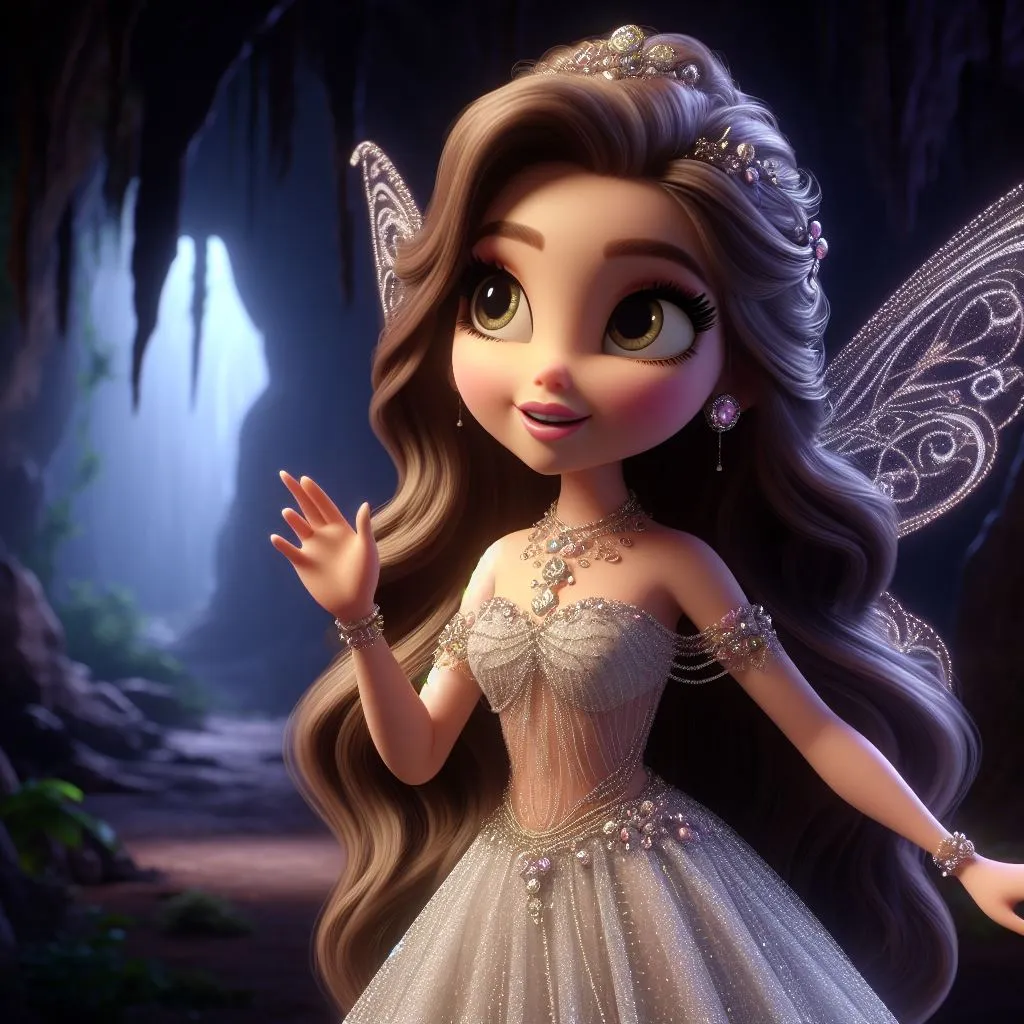  a fairy wearing a shimmery  white lehenga  with long hair big eyes, with pink big  lips   talking with moving hands   standing in a rocky dark cave  animation cartoon zoom out 