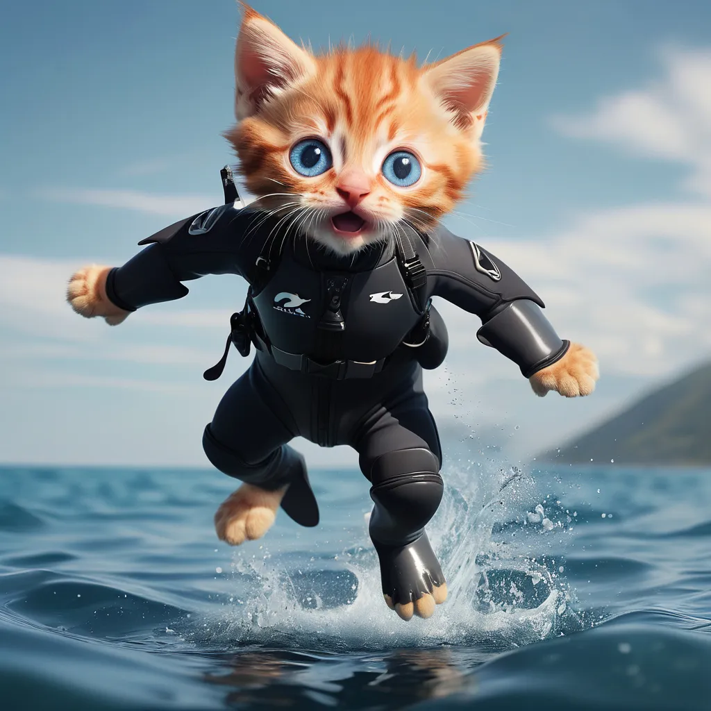 a cat in a wet suit jumps into the water