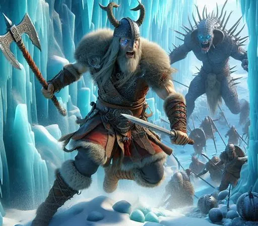 a painting of a man with a sword in front of ice