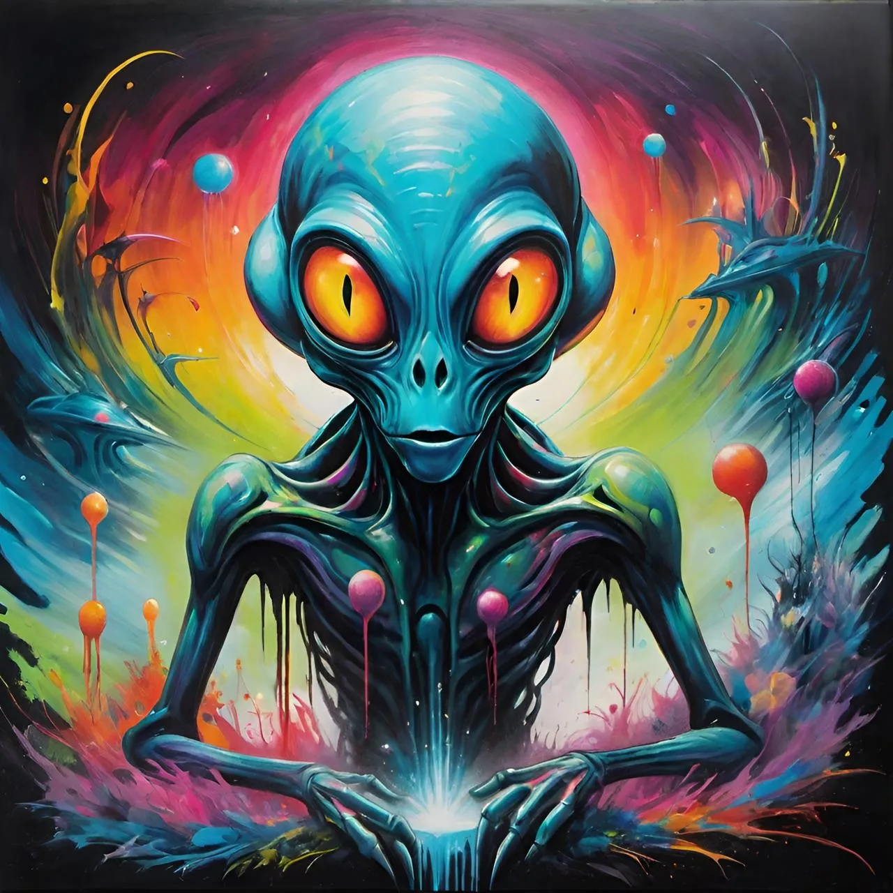 a painting of an alien with glowing eyes