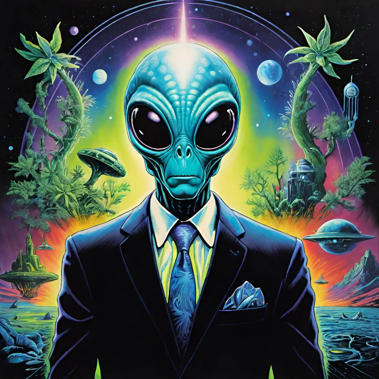 a painting of a man in a suit with an alien face