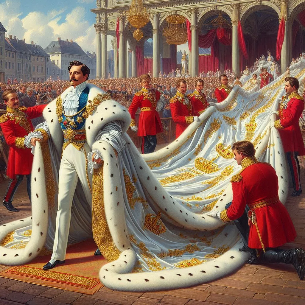 a painting of a man standing next to a giant costume